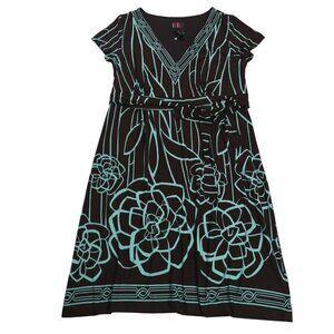 R&K Originals Floral Patterned Dress V-Neckline Belted Waist Womens Size 16.